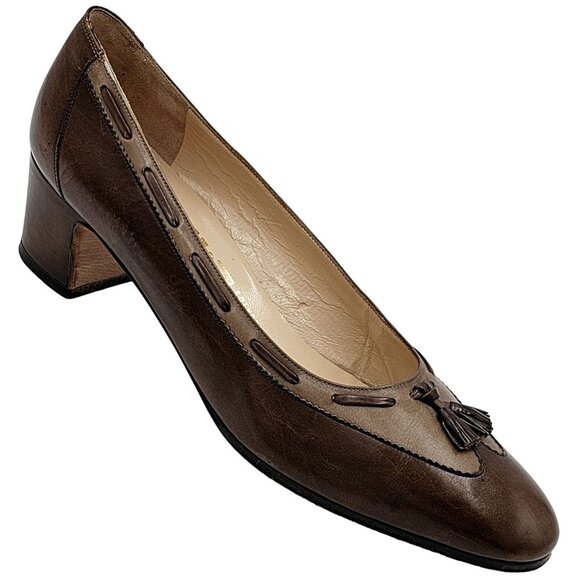Vintage Salvatore Ferragamo Womens 7.5 Brown Tan Italy Leather Dress Pumps Heels - Picture 11 of 11